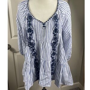 Melissa Paige Women's M Linen Blend Tunic Blue‎ Striped Tiered Coastal Cool Boho